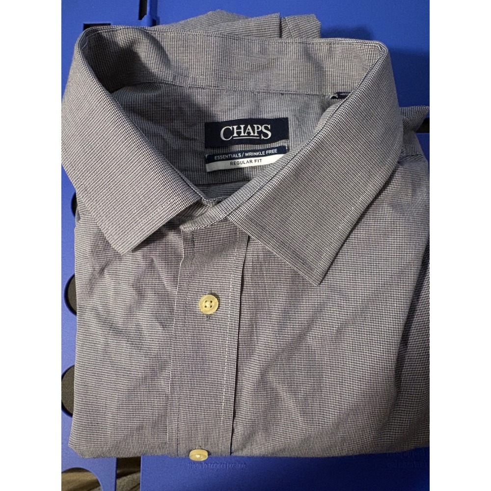Chaps Mens XL Regular Fit Dress Shirt Blue White Micro Houndstooth Wrinkle Free